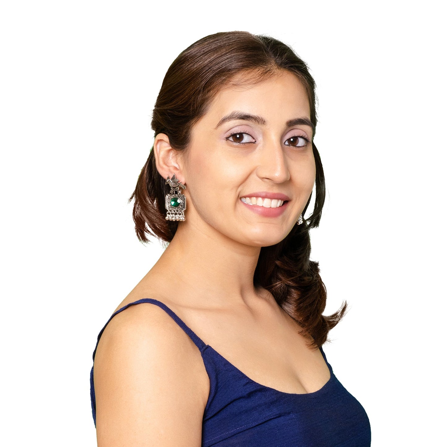 Shining Jewel Antique Silver Plated Oxidised Bird Design with Ruby Medium Sized Pearl Drops Earring For Women (SJE_243_G)