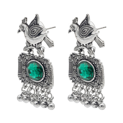Shining Jewel Antique Silver Plated Oxidised Bird Design with Ruby Medium Sized Pearl Drops Earring For Women (SJE_243_G)