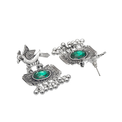 Shining Jewel Antique Silver Plated Oxidised Bird Design with Ruby Medium Sized Pearl Drops Earring For Women (SJE_243_G)