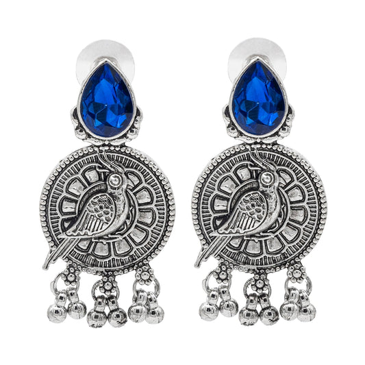 Shining Jewel Antique Silver Plated Oxidised Bird Design with Ruby Medium Sized Pearls Drops Earring For Women (SJE_244_BL)