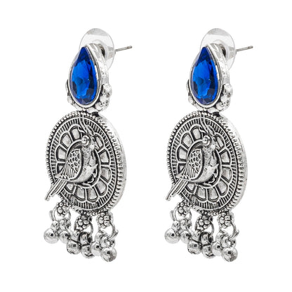 Shining Jewel Antique Silver Plated Oxidised Bird Design with Ruby Medium Sized Pearls Drops Earring For Women (SJE_244_BL)
