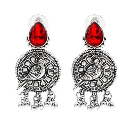 Shining Jewel Antique Silver Plated Oxidised Bird Design with Ruby Medium Sized Pearls Drops Earring For Women (SJE_244_R)