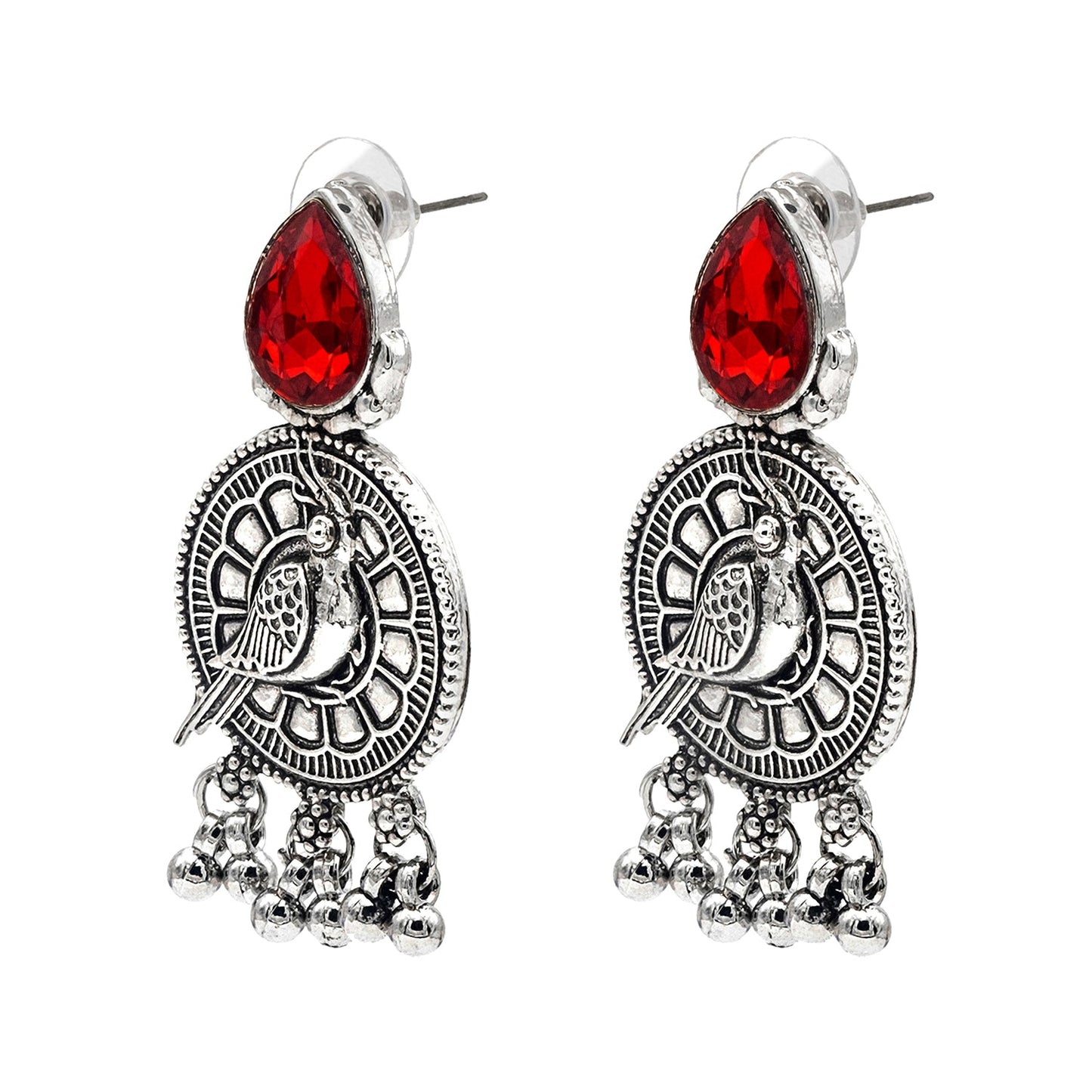 Shining Jewel Antique Silver Plated Oxidised Bird Design with Ruby Medium Sized Pearls Drops Earring For Women (SJE_244_R)