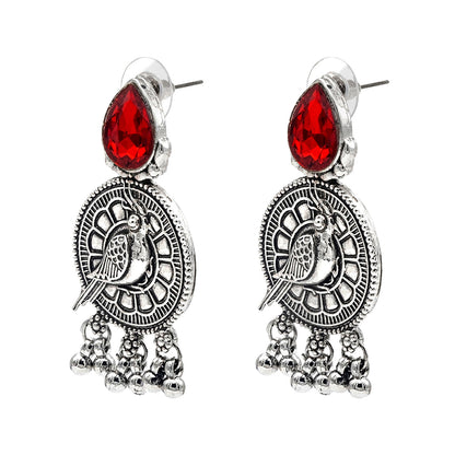 Shining Jewel Antique Silver Plated Oxidised Bird Design with Ruby Medium Sized Pearls Drops Earring For Women (SJE_244_R)