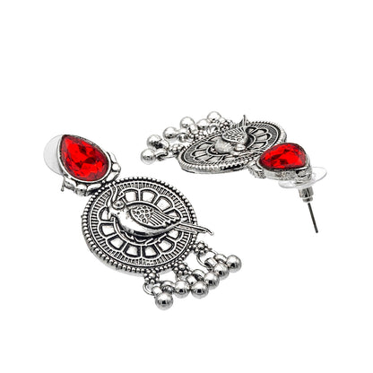 Shining Jewel Antique Silver Plated Oxidised Bird Design with Ruby Medium Sized Pearls Drops Earring For Women (SJE_244_R)