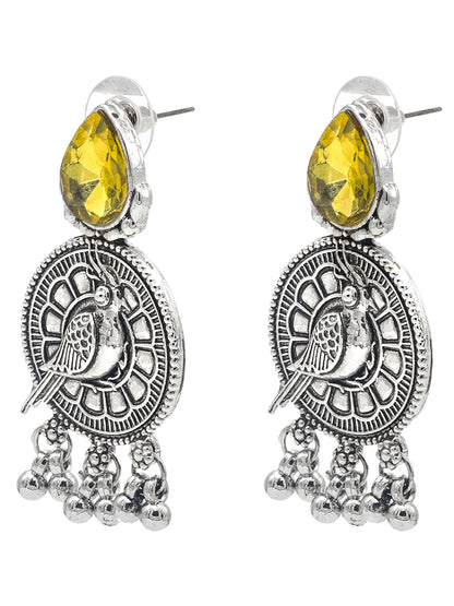 Shining Jewel Antique Silver Plated Oxidised Bird Design with Ruby Medium Sized Pearls Drops Earring For Women (SJE_244_Y)