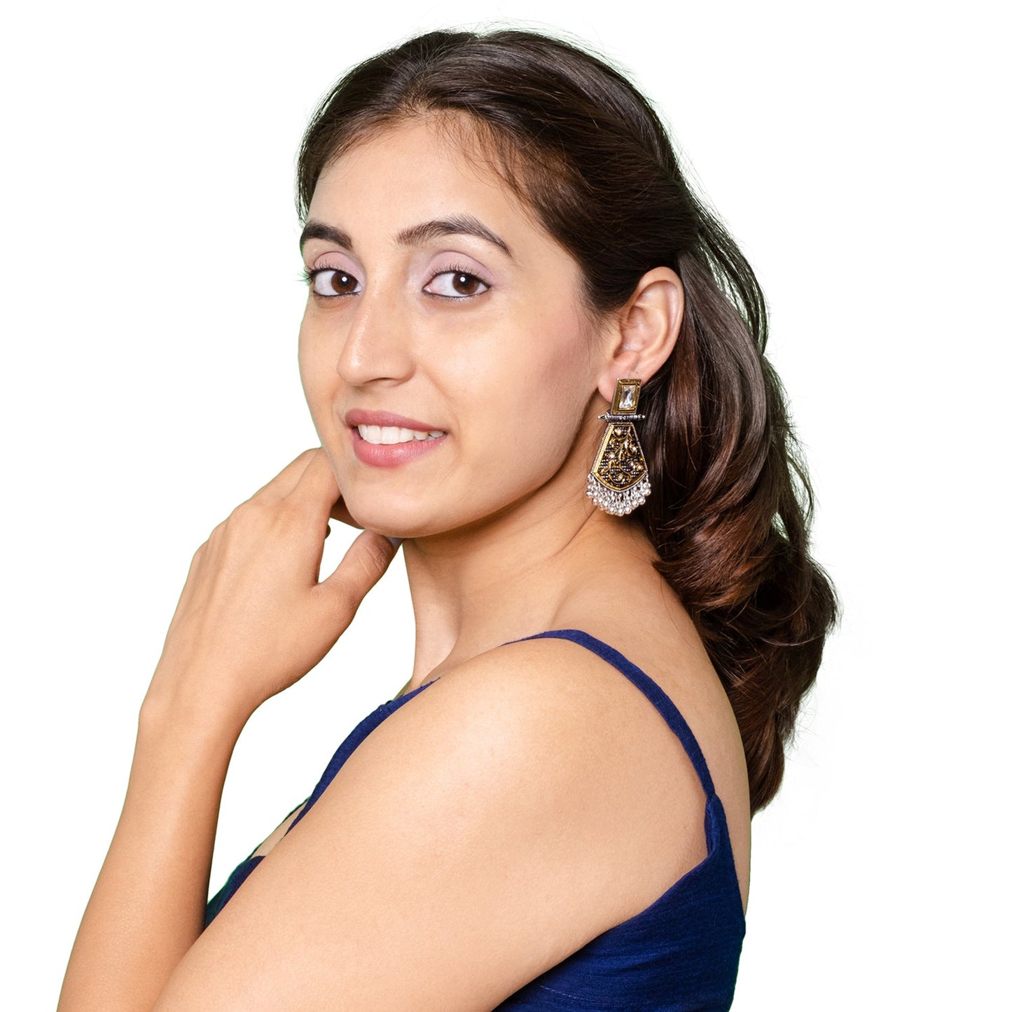 Shining Jewel Antique Two-Tone Gold & Silver Plated CZ, Medium Sized Pearls Drops & Dangle Earring For Women ( SJE_245)