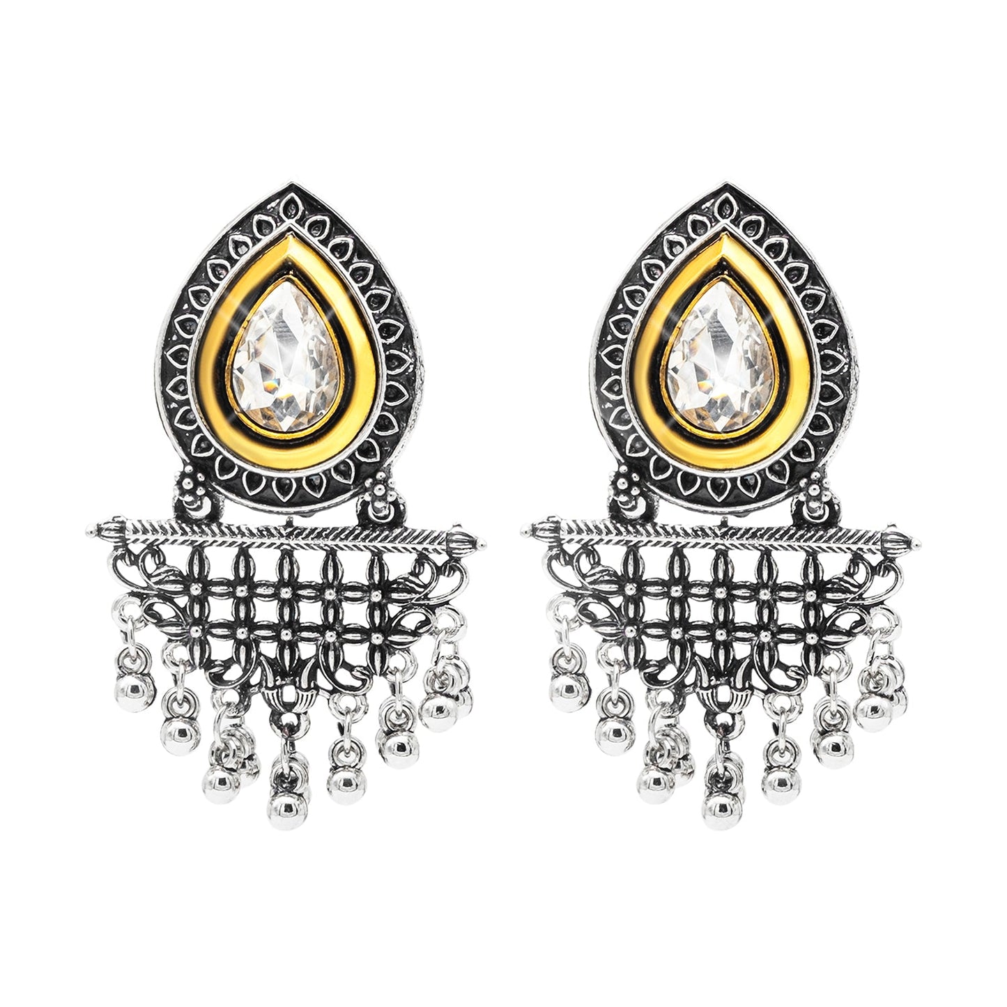 Shining Jewel Antique Two-Tone Gold & Silver Plated CZ, Medium Sized Pearls Drops & Dangle Earring For Women ( SJE_246)