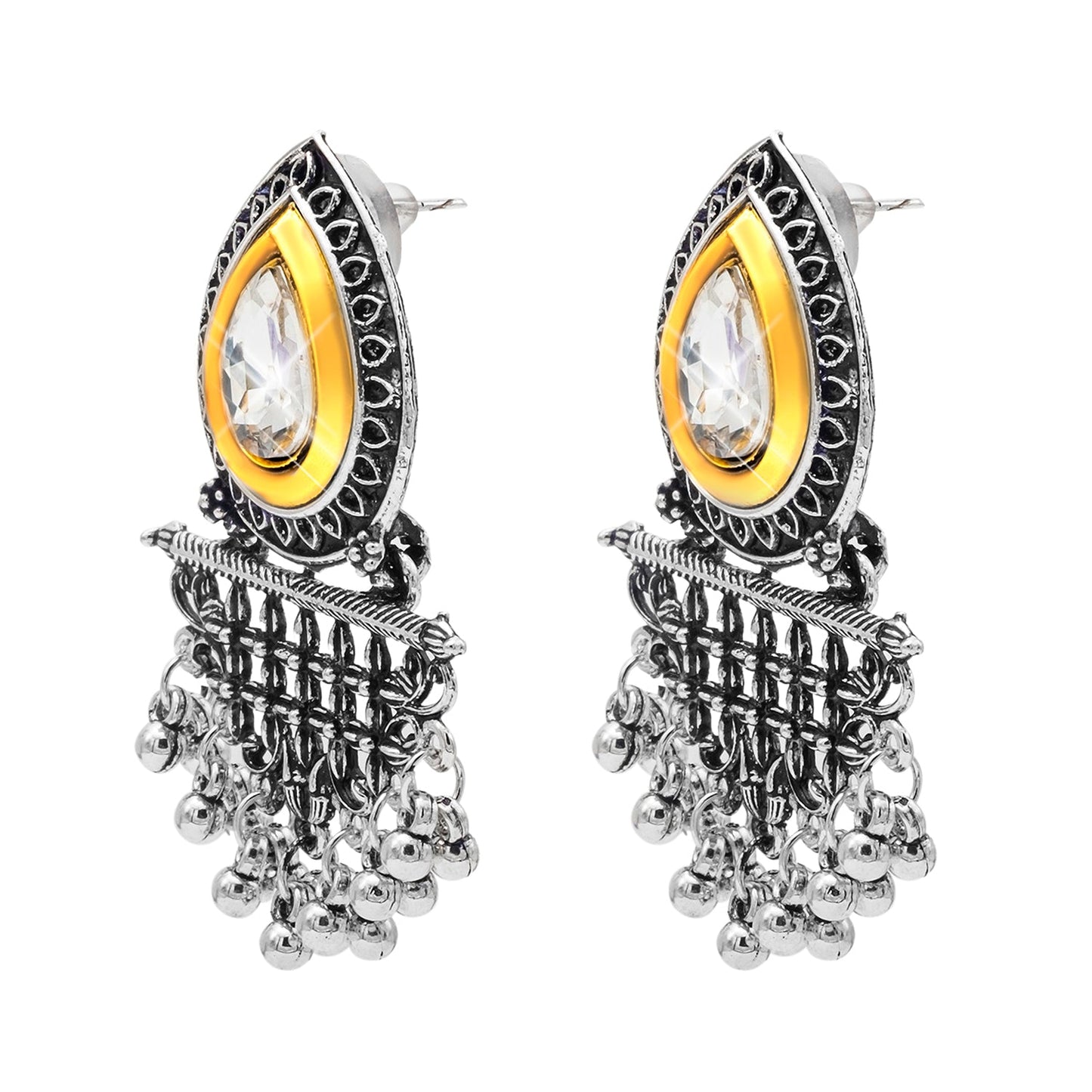 Shining Jewel Antique Two-Tone Gold & Silver Plated CZ, Medium Sized Pearls Drops & Dangle Earring For Women ( SJE_246)