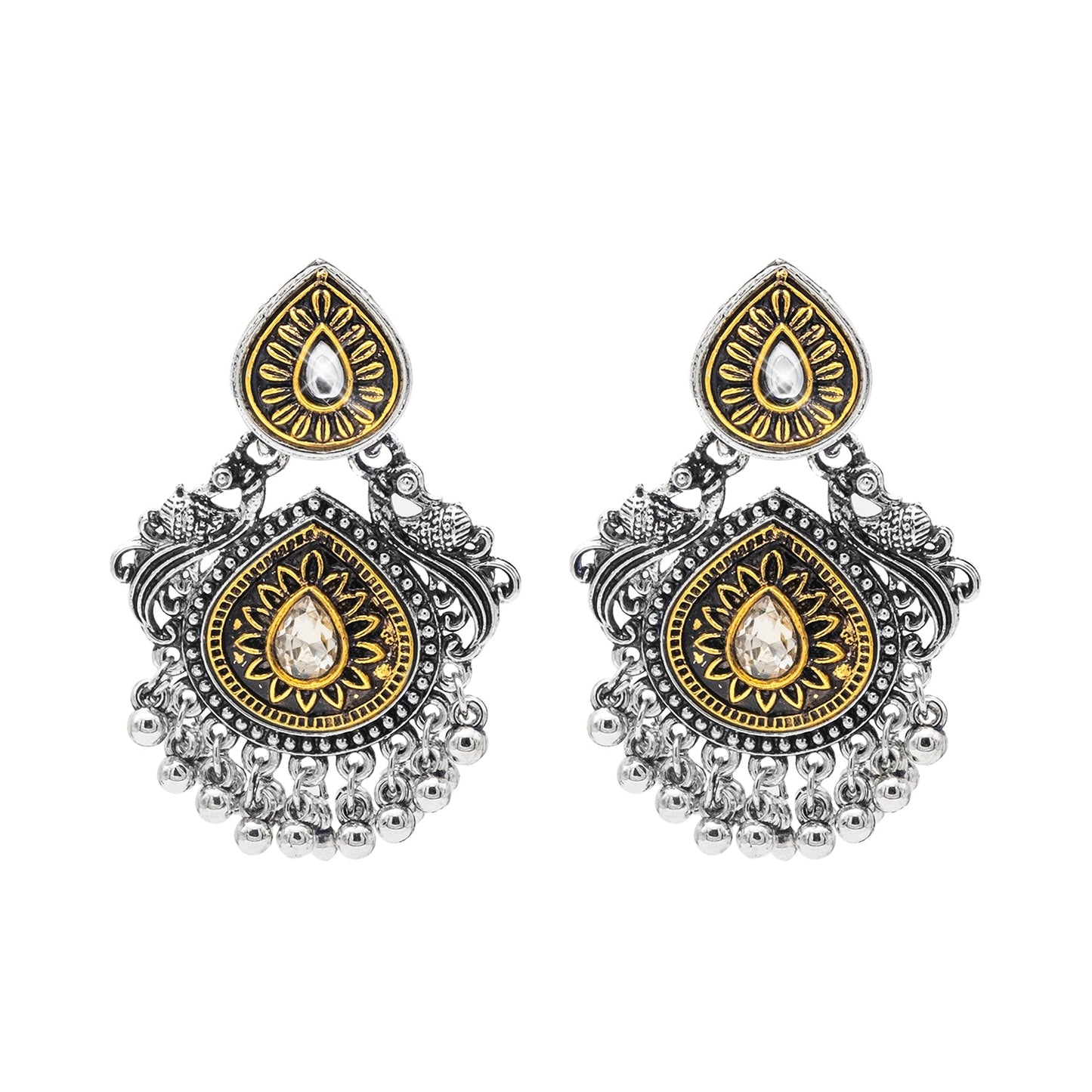 Shining Jewel Antique Two-Tone Gold & Silver Plated CZ, Medium Sized Pearls Drops & Dangle Earring For Women ( SJE_247)