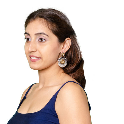 Shining Jewel Antique Two-Tone Gold & Silver Plated CZ, Medium Sized Pearls Drops & Dangle Earring For Women ( SJE_247)