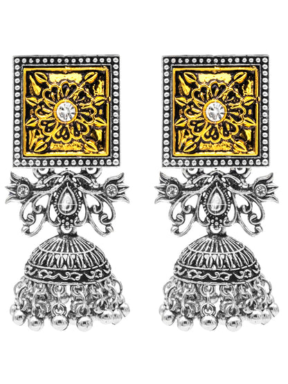 Shining Jewel Antique Two-Tone Gold & Silver Plated CZ, Medium Sized Pearls Drops Jhumka Earring For Women ( SJE_248)