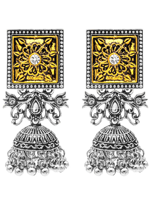Shining Jewel Antique Two-Tone Gold & Silver Plated CZ, Medium Sized Pearls Drops Jhumka Earring For Women ( SJE_248)