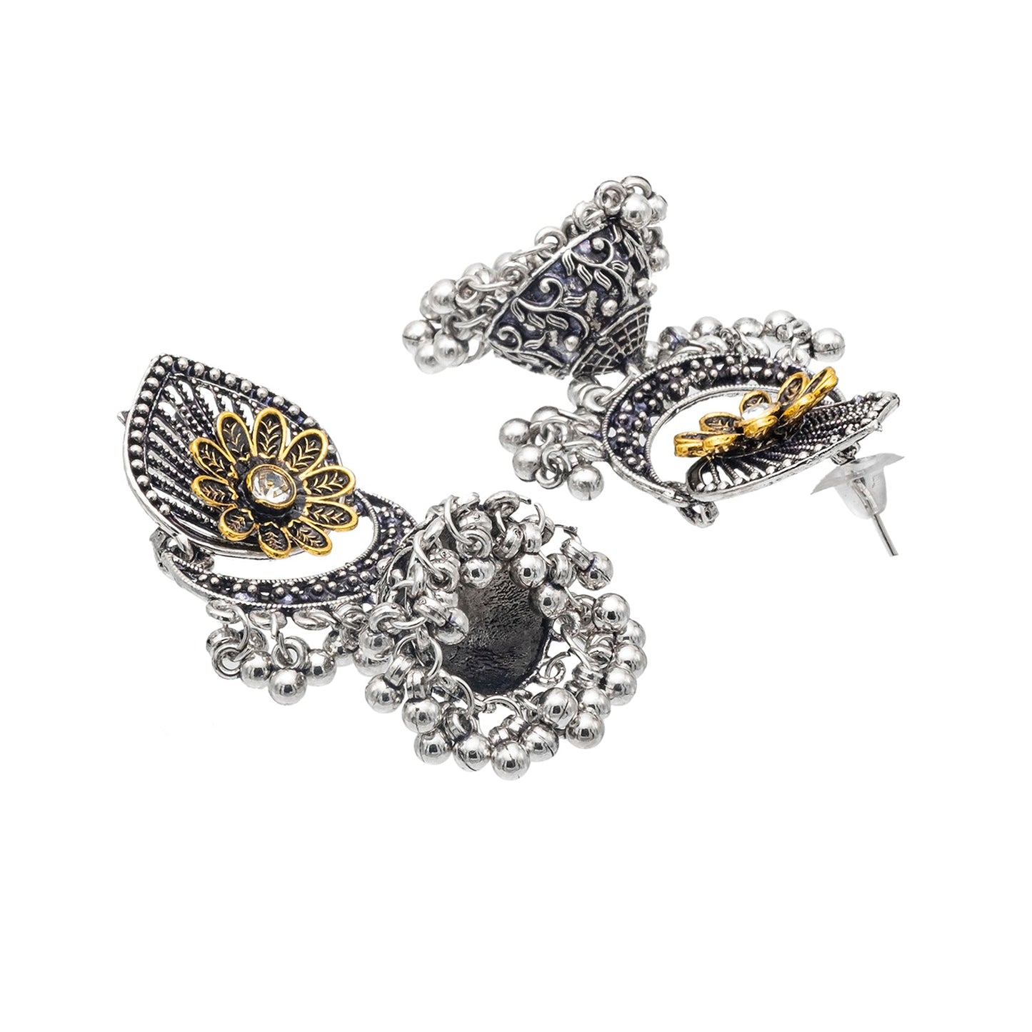 Shining Jewel Antique Two-Tone Gold & Silver Plated CZ, Medium Sized Pearls Drops Jhumka Earring For Women ( SJE_249)