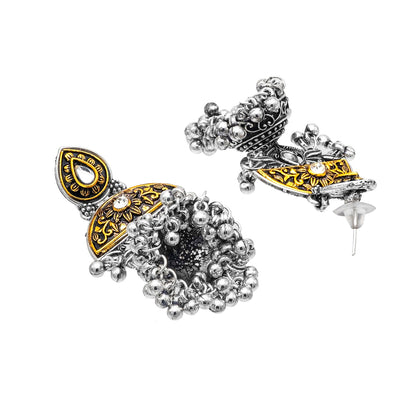 Shining Jewel Antique Two-Tone Gold & Silver Plated CZ, Medium Sized Pearls Drops Jhumka Earring For Women ( SJE_250)