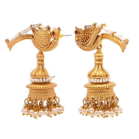Shining Jewel Traditional Antique Gold Plated Bird Design with Kundan, Pearls Drop Medium Jhumki Earrings for Women (SJE_253_G)