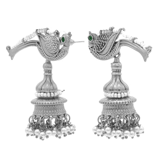 Shining Jewel Traditional Antique Silver Plated Bird Design with Kundan, Pearls Drop Medium Jhumki Earrings for Women (SJE_253_S)