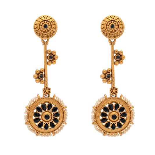 Shining Jewel Traditional Indian Matte Antique Gold Plated CZ, Kundan, Pearl & Flower Studded Drop Long Earring For Women (SJE_254_G_BK)