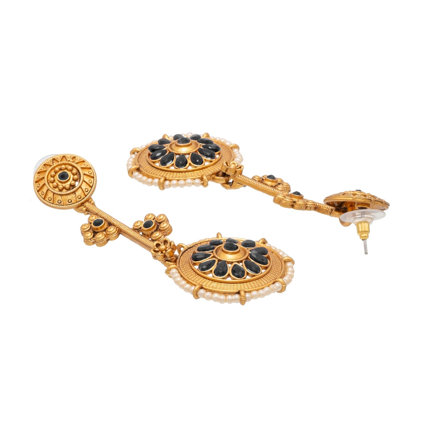 Shining Jewel Traditional Indian Matte Antique Gold Plated CZ, Kundan, Pearl & Flower Studded Drop Long Earring For Women (SJE_254_G_BK)
