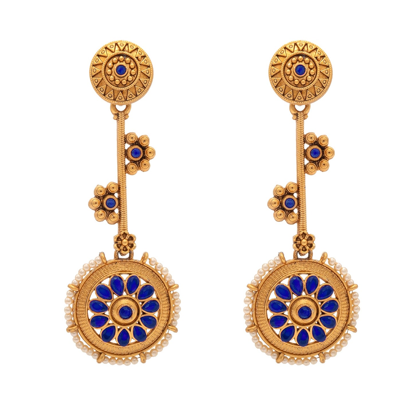 Shining Jewel Traditional Indian Matte Antique Gold Plated CZ, Kundan, Pearl & Flower Studded Drop Long Earring For Women (SJE_254_G_BL)