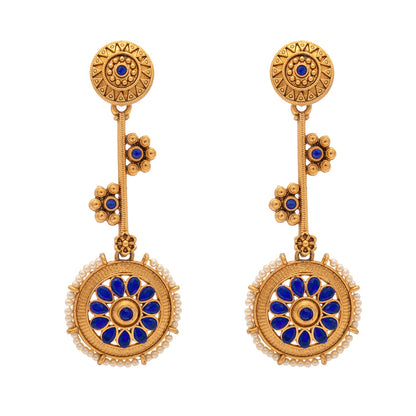 Shining Jewel Traditional Indian Matte Antique Gold Plated CZ, Kundan, Pearl & Flower Studded Drop Long Earring For Women (SJE_254_G_BL)