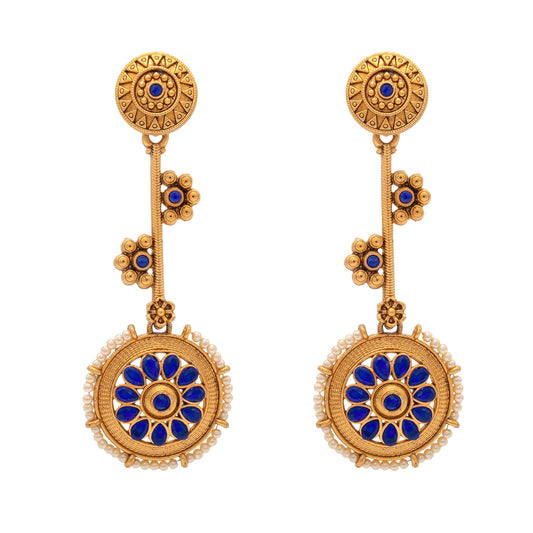 Shining Jewel Traditional Indian Matte Antique Gold Plated CZ, Kundan, Pearl & Flower Studded Drop Long Earring For Women (SJE_254_G_BL)