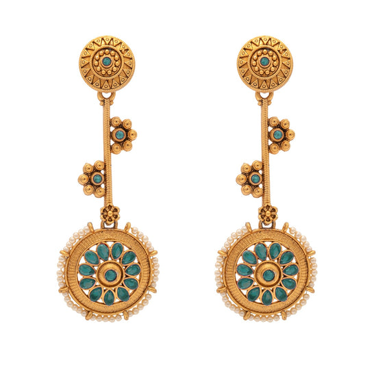 Shining Jewel Traditional Indian Matte Antique Gold Plated CZ, Kundan, Pearl & Flower Studded Drop Long Earring For Women (SJE_254_G_G)