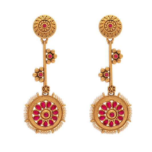 Shining Jewel Traditional Indian Matte Antique Gold Plated CZ, Kundan, Pearl & Flower Studded Drop Long Earring For Women (SJE_254_G_M)