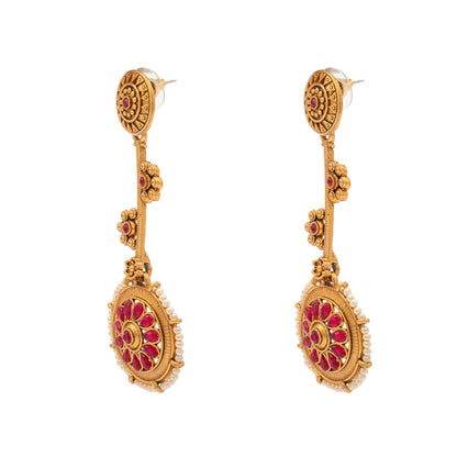Shining Jewel Traditional Indian Matte Antique Gold Plated CZ, Kundan, Pearl & Flower Studded Drop Long Earring For Women (SJE_254_G_M)