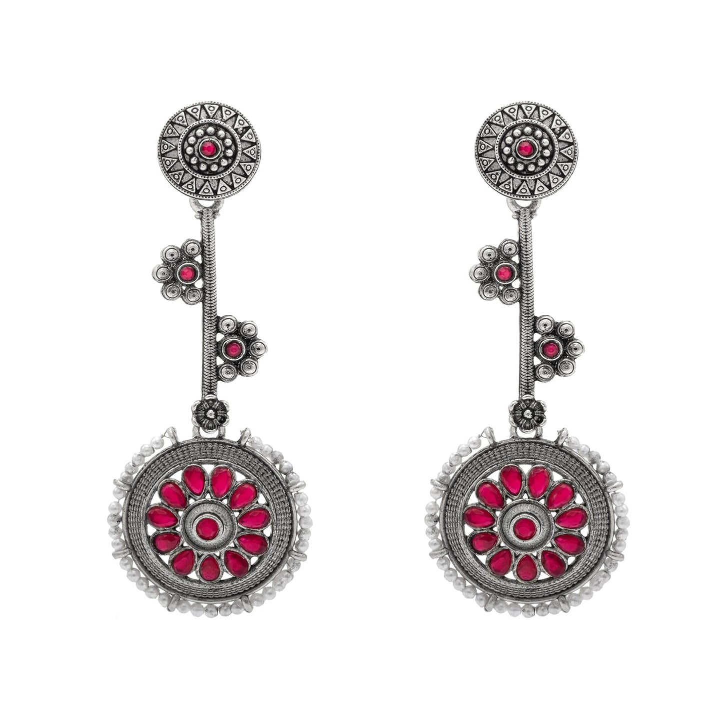 Shining Jewel Traditional Indian Matte Antique Silver Plated Oxidised CZ, Kundan, Pearl & Flower Studded Drop Long Earring For Women (SJE_254_S_M)