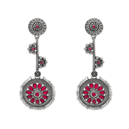 Shining Jewel Traditional Indian Matte Antique Silver Plated Oxidised CZ, Kundan, Pearl & Flower Studded Drop Long Earring For Women (SJE_254_S_M)
