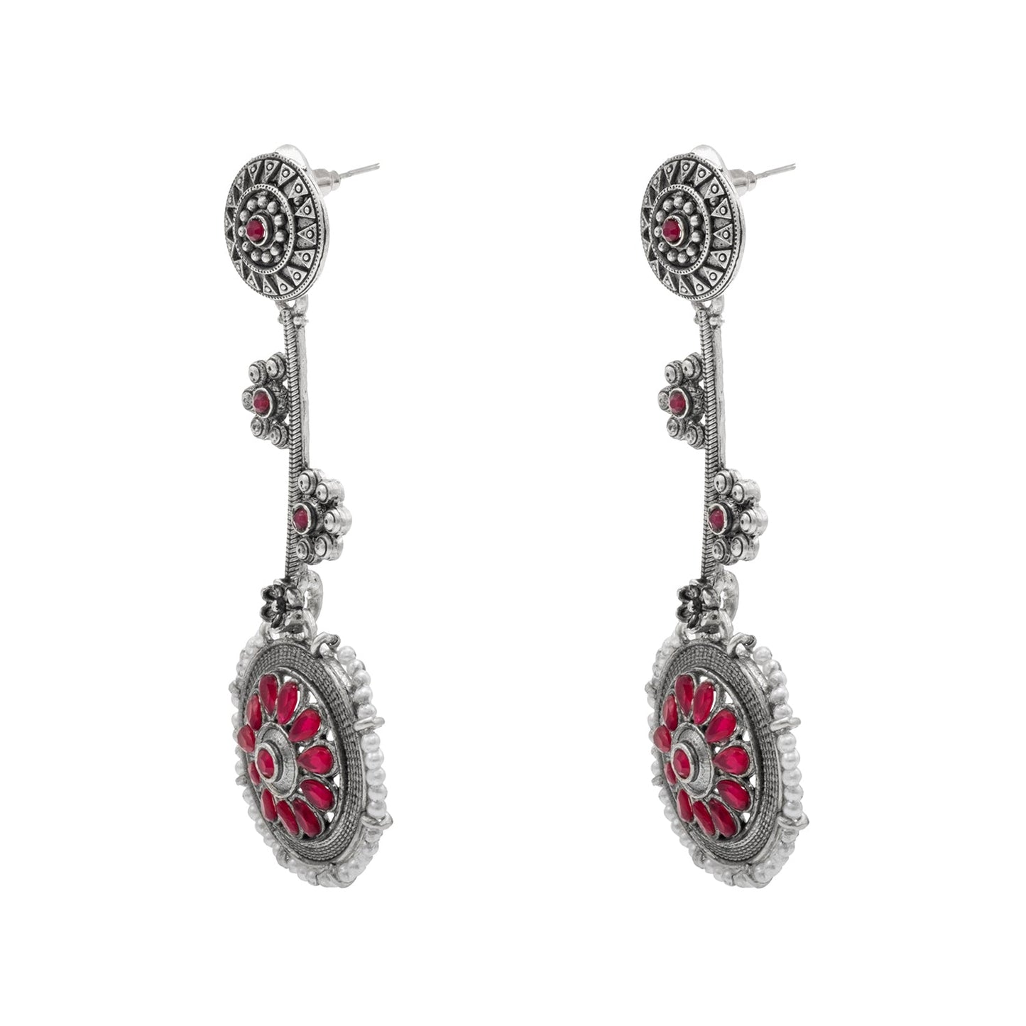Shining Jewel Traditional Indian Matte Antique Silver Plated Oxidised CZ, Kundan, Pearl & Flower Studded Drop Long Earring For Women (SJE_254_S_M)
