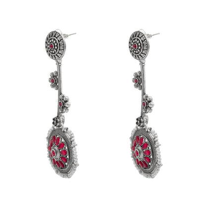 Shining Jewel Traditional Indian Matte Antique Silver Plated Oxidised CZ, Kundan, Pearl & Flower Studded Drop Long Earring For Women (SJE_254_S_M)