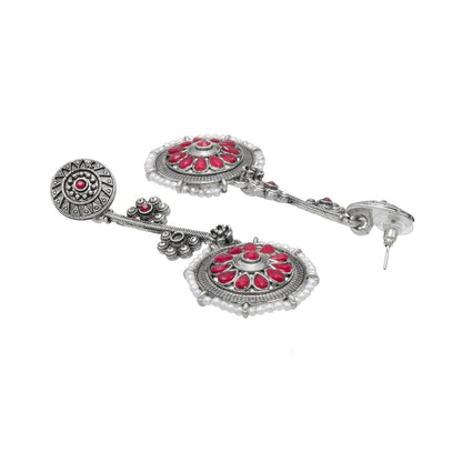 Shining Jewel Traditional Indian Matte Antique Silver Plated Oxidised CZ, Kundan, Pearl & Flower Studded Drop Long Earring For Women (SJE_254_S_M)