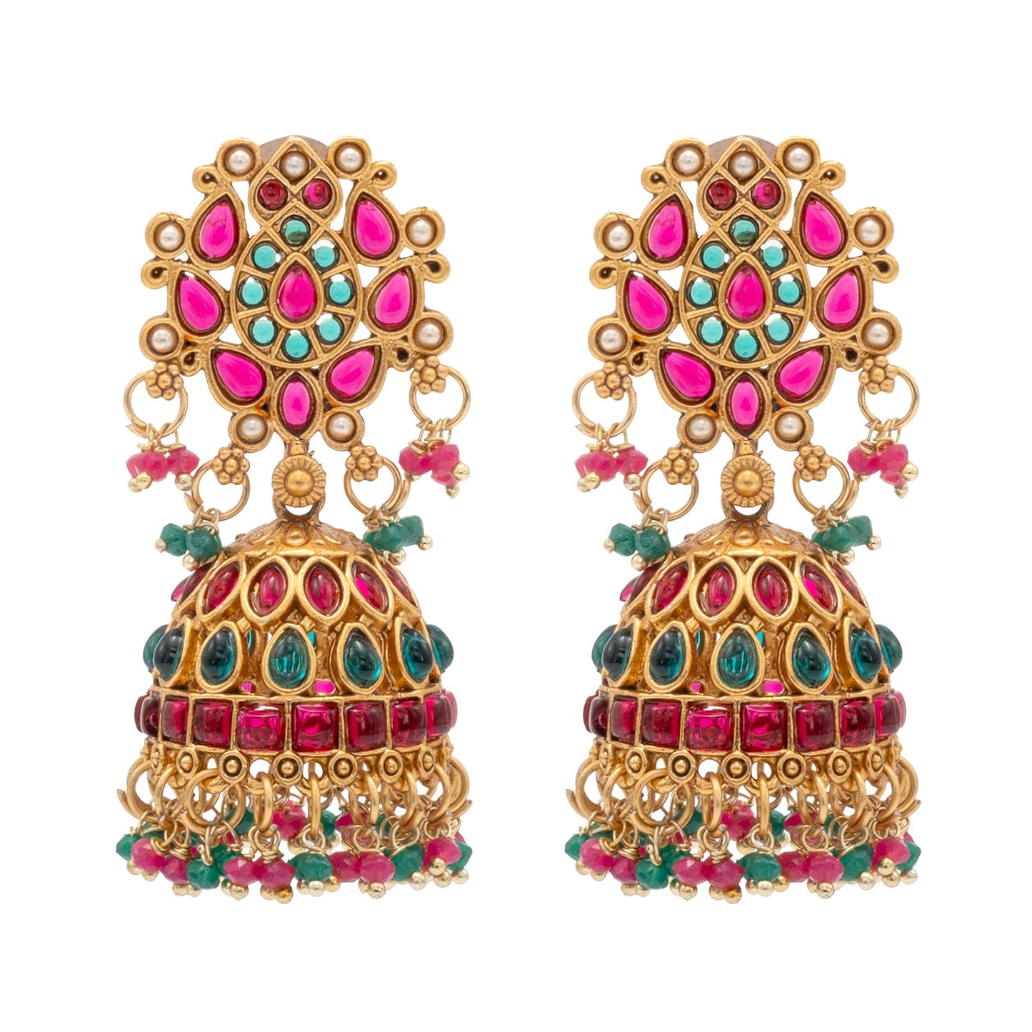 Shining Jewel Traditional Indian Antique Gold plated CZ, Kundan, Pearl Studded Bridal Dulhan Maroon and Green combination Medium Jhumka Earring For Women (SJE_255)