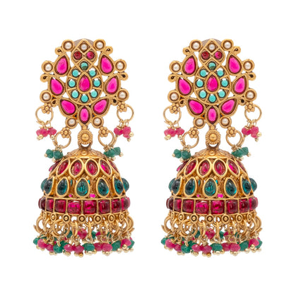 Shining Jewel Traditional Indian Antique Gold plated CZ, Kundan, Pearl Studded Bridal Dulhan Maroon and Green combination Medium Jhumka Earring For Women (SJE_255)