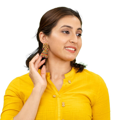 Shining Jewel Traditional Indian Antique Gold plated CZ, Kundan, Pearl Studded Bridal Dulhan Maroon and Green combination Medium Jhumka Earring For Women (SJE_255)