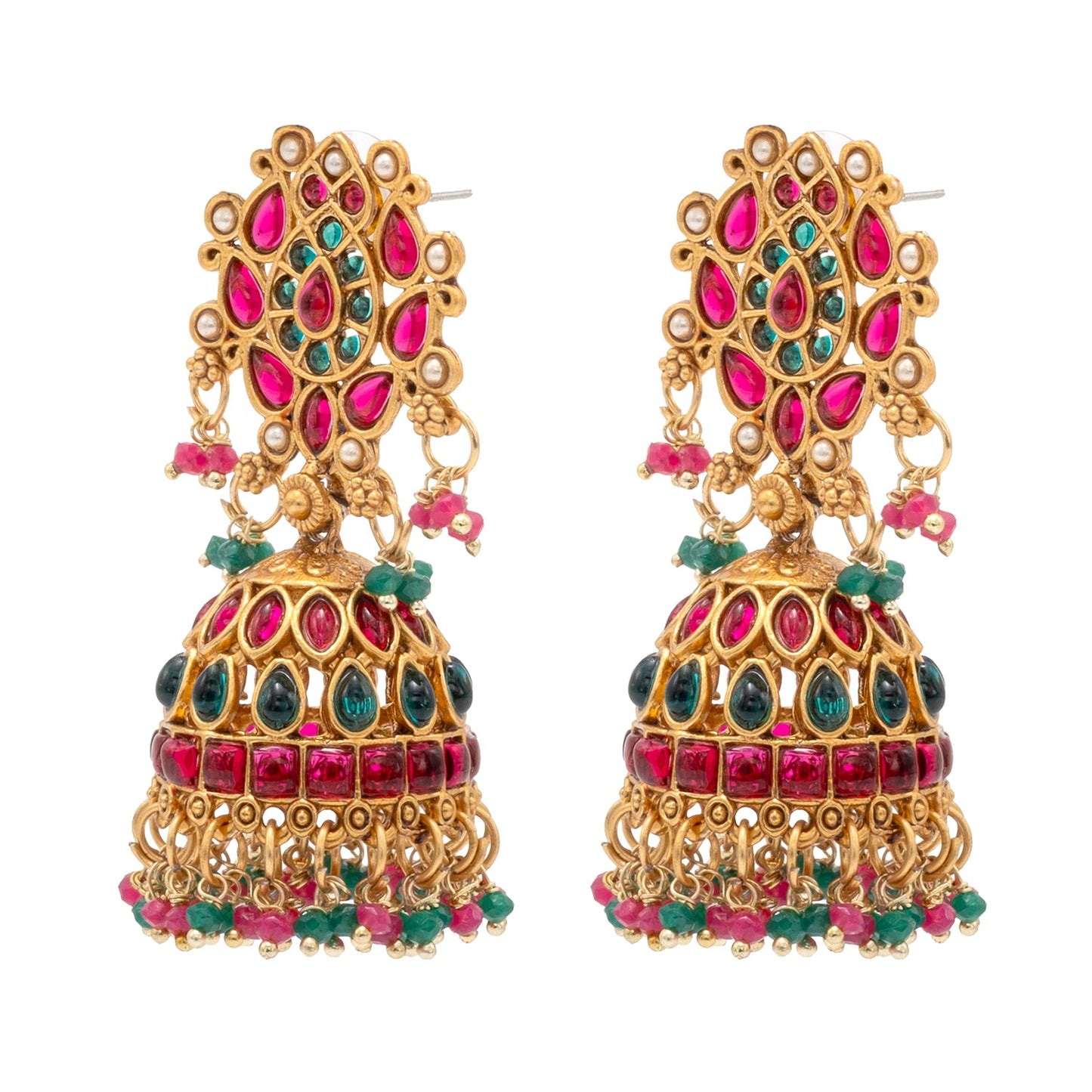 Shining Jewel Traditional Indian Antique Gold plated CZ, Kundan, Pearl Studded Bridal Dulhan Maroon and Green combination Medium Jhumka Earring For Women (SJE_255)