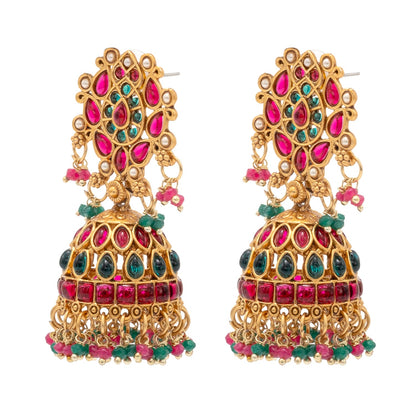 Shining Jewel Traditional Indian Antique Gold plated CZ, Kundan, Pearl Studded Bridal Dulhan Maroon and Green combination Medium Jhumka Earring For Women (SJE_255)
