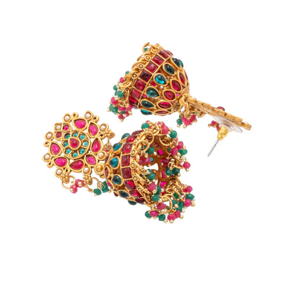 Shining Jewel Traditional Indian Antique Gold plated CZ, Kundan, Pearl Studded Bridal Dulhan Maroon and Green combination Medium Jhumka Earring For Women (SJE_255)