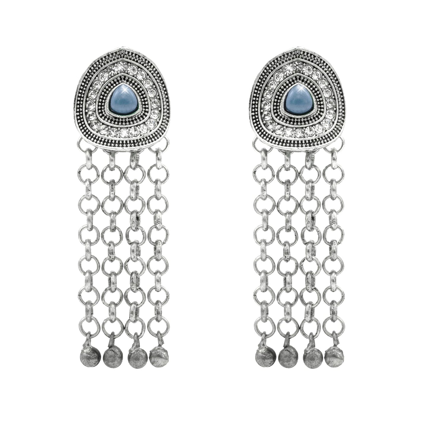 Shining Jewel Traditional Indian Antique Silver Oxidized CZ , AD Stylish Dangler, Tassel Long Earrings for Women (SJE_257_S_GY)