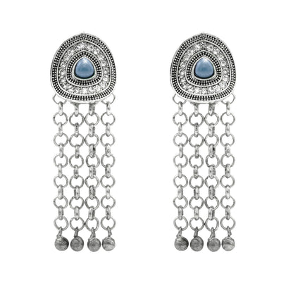 Shining Jewel Traditional Indian Antique Silver Oxidized CZ , AD Stylish Dangler, Tassel Long Earrings for Women (SJE_257_S_GY)