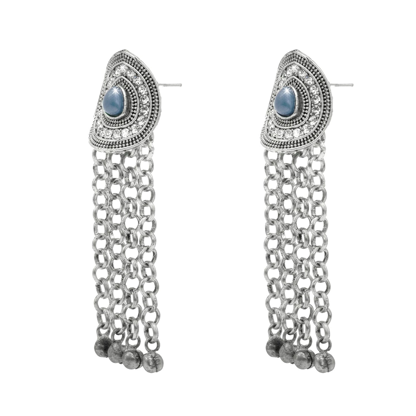 Shining Jewel Traditional Indian Antique Silver Oxidized CZ , AD Stylish Dangler, Tassel Long Earrings for Women (SJE_257_S_GY)