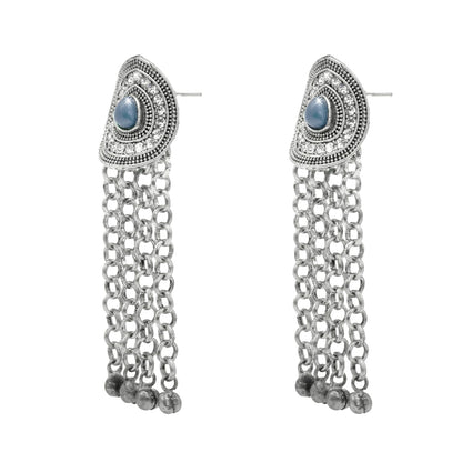 Shining Jewel Traditional Indian Antique Silver Oxidized CZ , AD Stylish Dangler, Tassel Long Earrings for Women (SJE_257_S_GY)