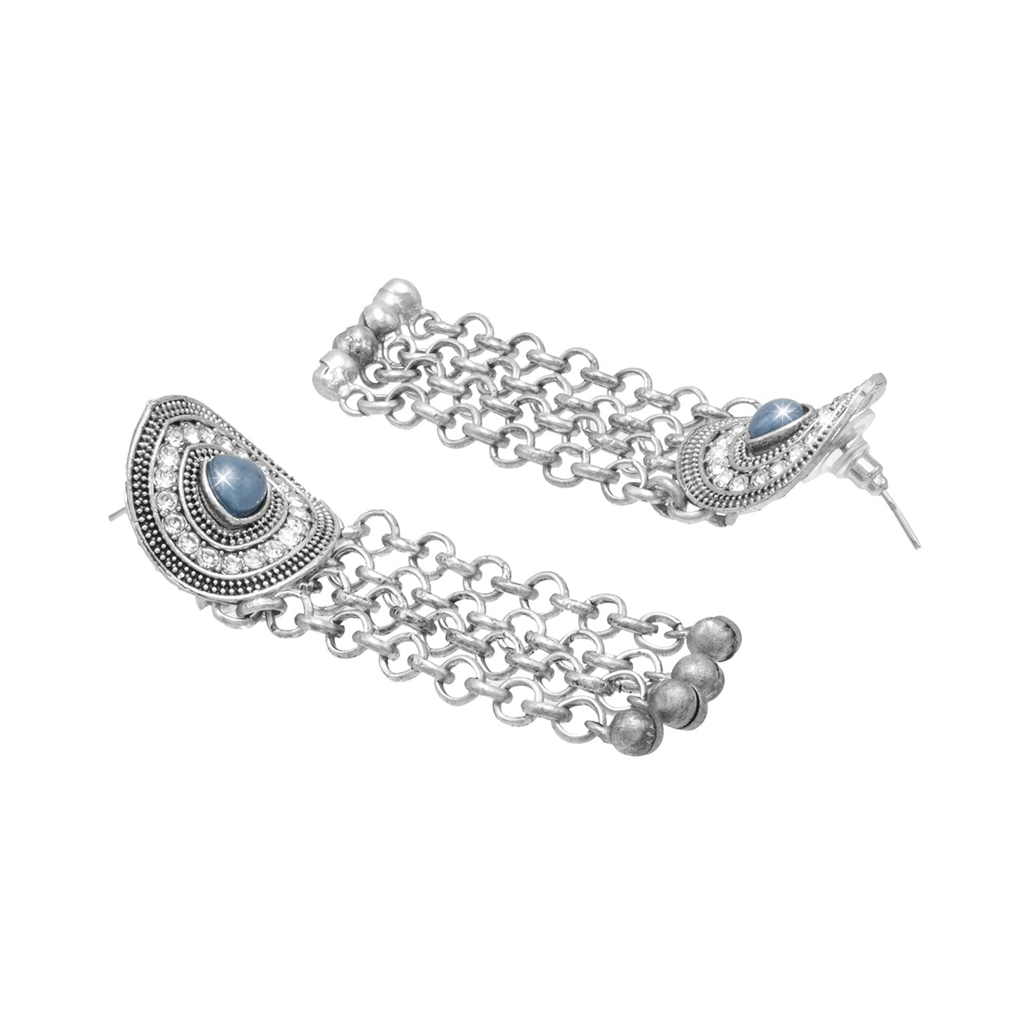 Shining Jewel Traditional Indian Antique Silver Oxidized CZ , AD Stylish Dangler, Tassel Long Earrings for Women (SJE_257_S_GY)