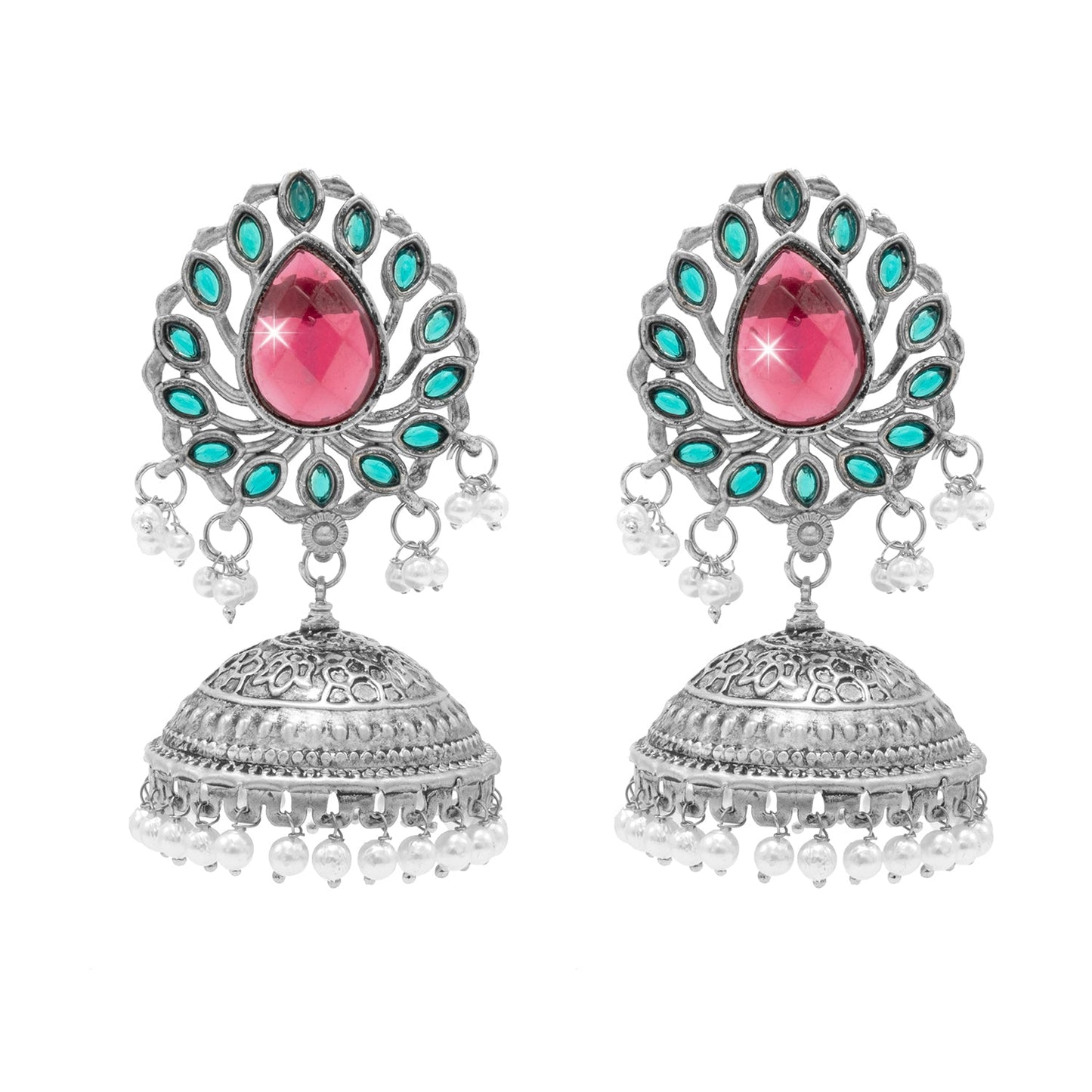 Traditional Indian Matte Antique Silver Plating Oxidized CZ , Pearl & Stylish Big Sized Light Weight Earrings for Women (SJE_258_S_RG)