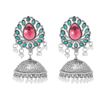 Traditional Indian Matte Antique Silver Plating Oxidized CZ , Pearl & Stylish Big Sized Light Weight Earrings for Women (SJE_258_S_RG)