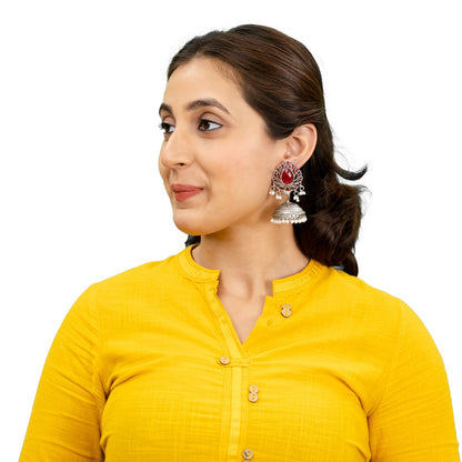 Traditional Indian Matte Antique Silver Plating Oxidized CZ , Pearl & Stylish Big Sized Light Weight Earrings for Women (SJE_258_S_RG)