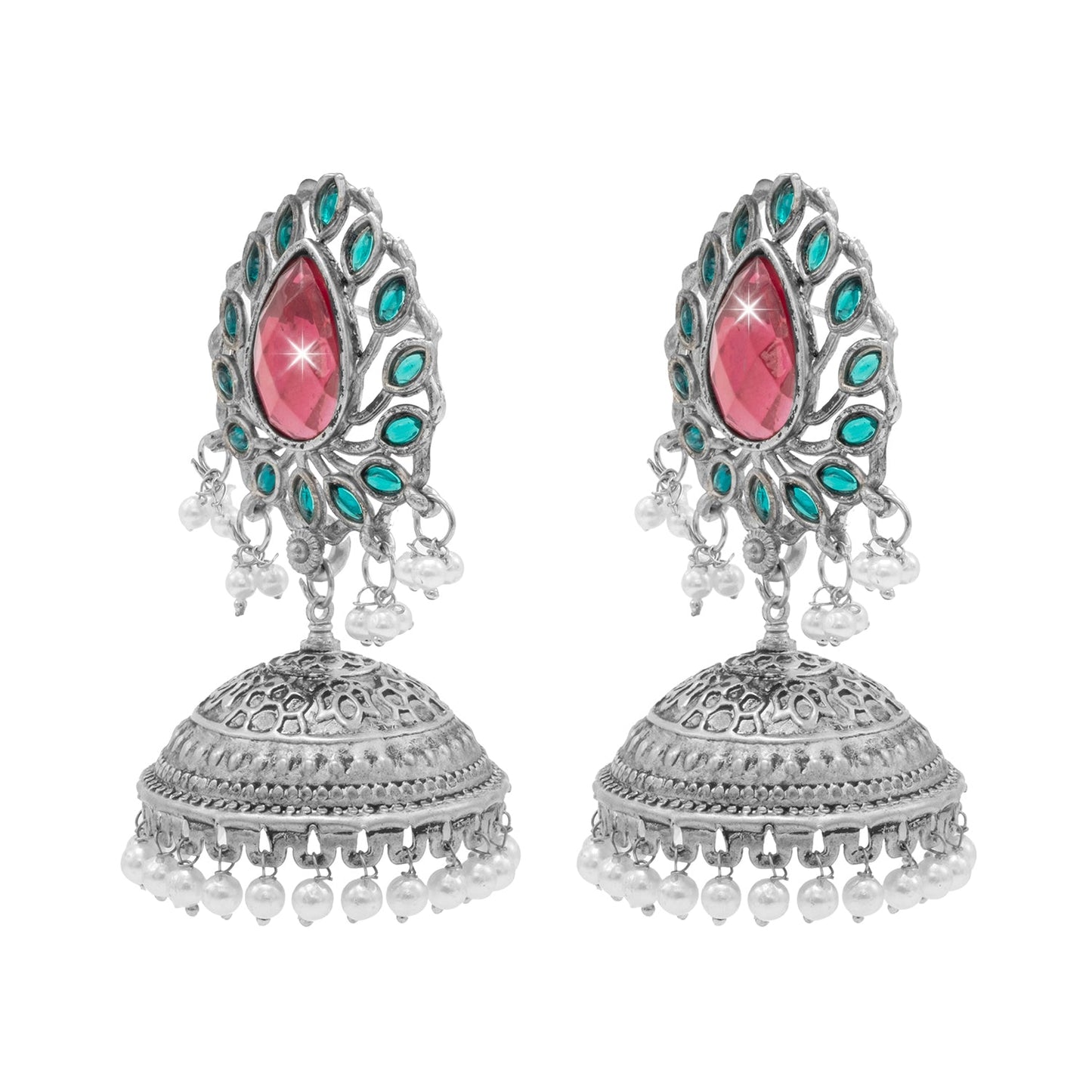 Traditional Indian Matte Antique Silver Plating Oxidized CZ , Pearl & Stylish Big Sized Light Weight Earrings for Women (SJE_258_S_RG)