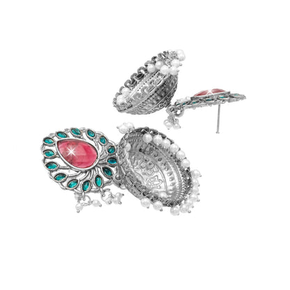 Traditional Indian Matte Antique Silver Plating Oxidized CZ , Pearl & Stylish Big Sized Light Weight Earrings for Women (SJE_258_S_RG)